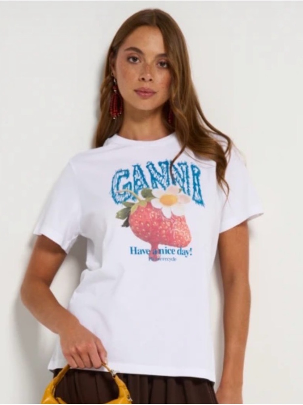 Ganni White Tee with Strawberry Graphic and Blue Logo